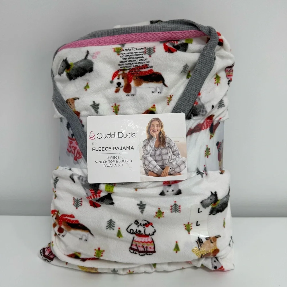 Cuddl Duds Christmas Dogs Fleece Pajama Set‎ Women Large V-Neck Top Joggers